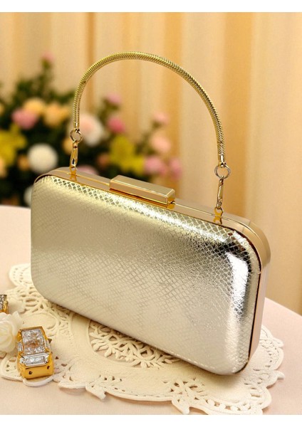 Altın Gold Dore Renk Yılan Desenli Parlak Deri Kadın Abiye Çanta Düğün Nişan Mezuniyet