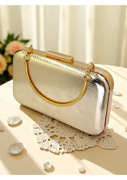 Altın Gold Dore Renk Yılan Desenli Parlak Deri Kadın Abiye Çanta Düğün Nişan Mezuniyet modelleri