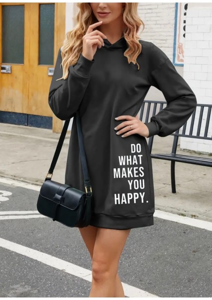 Özel Tasarım Kapüşonlu You Happy Baskılı Oversize Kışlık Kadın Spor Hoodie Elbise