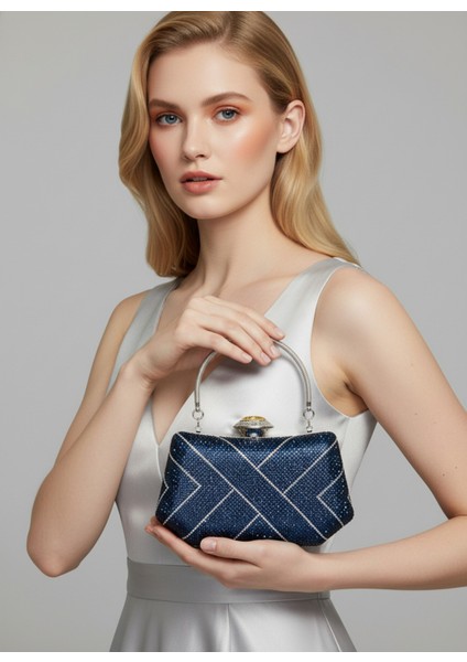 Lacivert Gümüş Renk Taşlı Inci Detaylı Saplı Kadın Abiye Çanta Düğün Nişan Mezuniyet