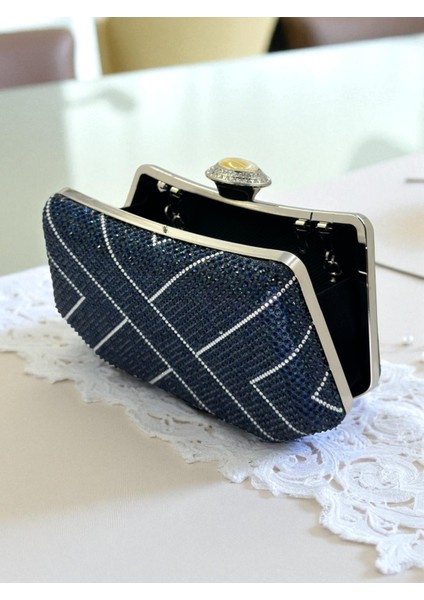 Lacivert Gümüş Renk Taşlı Inci Detaylı Saplı Kadın Abiye Çanta Düğün Nişan Mezuniyet