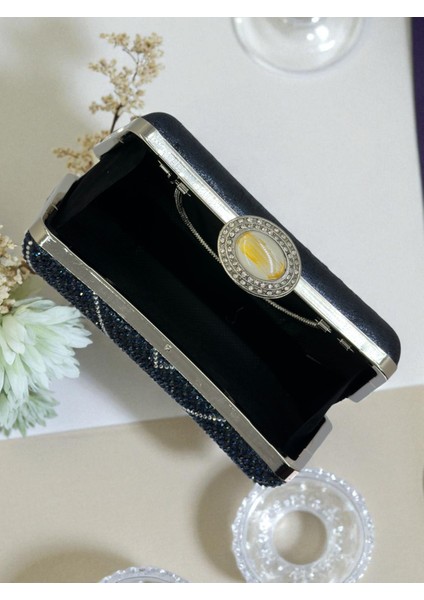 Lacivert Gümüş Renk Taşlı Inci Detaylı Saplı Kadın Abiye Çanta Düğün Nişan Mezuniyet