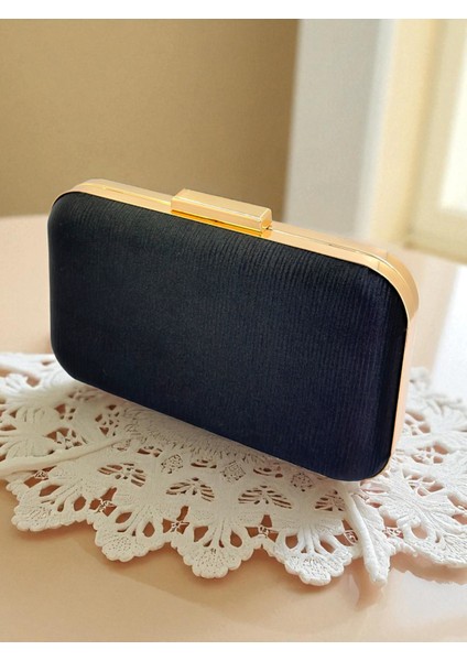 Siyah Renk Suyolu Desenli Saten Kadın Abiye Çanta Düğün Nişan Mezuniyet