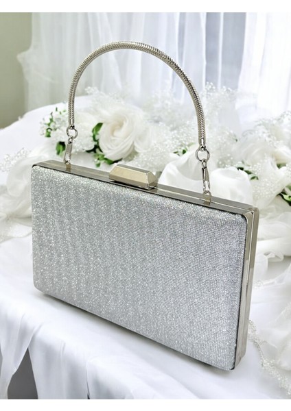 Gümüş Gri Lame Renk Taş Sim Dökülmeyen Sim Kadın Abiye Çanta Düğün Nişan Mezuniyet
