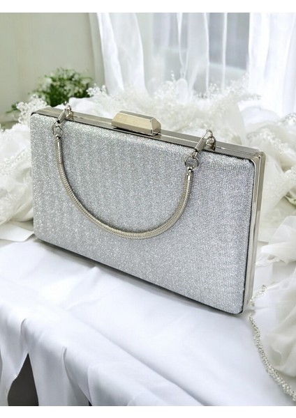 Gümüş Gri Lame Renk Taş Sim Dökülmeyen Sim Kadın Abiye Çanta Düğün Nişan Mezuniyet