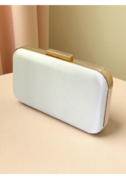 Ekru Renk Suyolu Desenli Saten Kadın Abiye Çanta Düğün Nişan Mezuniyet