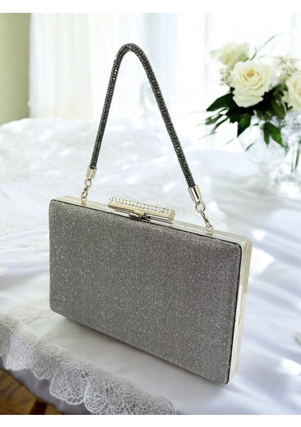 Antrasit Gri Platin Renk Taş Sim Dökülmeyen Sim Kadın Abiye Çanta Düğün Nişan Mezuniyet