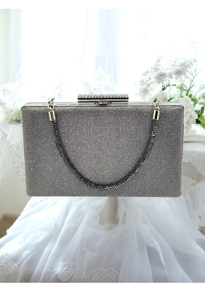 Antrasit Gri Platin Renk Taş Sim Dökülmeyen Sim Kadın Abiye Çanta Düğün Nişan Mezuniyet