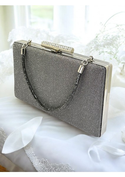 Antrasit Gri Platin Renk Taş Sim Dökülmeyen Sim Kadın Abiye Çanta Düğün Nişan Mezuniyet