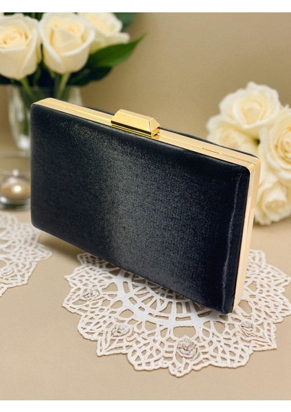 Siyah Renk Simli Saten Kadın Abiye Çanta Düğün Nişan Mezuniyet