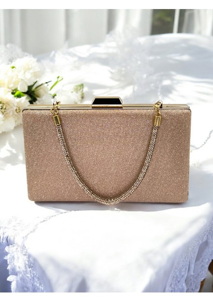 Rosegold Renk Taş Sim Dökülmeyen Sim Kadın Abiye Çanta Düğün Nişan Mezuniyet