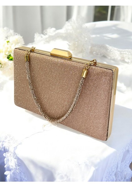 Rosegold Renk Taş Sim Dökülmeyen Sim Kadın Abiye Çanta Düğün Nişan Mezuniyet