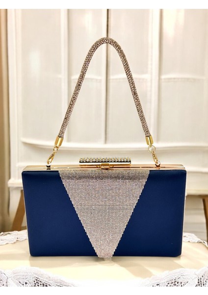 Lacivert Renk Saten Rosegold Renk Kristal Taşlı Saplı Kadın Abiye Çanta Düğün Mezuniyet Nişan fiyatları