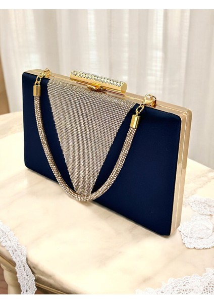 Lacivert Renk Saten Rosegold Renk Kristal Taşlı Saplı Kadın Abiye Çanta Düğün Mezuniyet Nişan modelleri