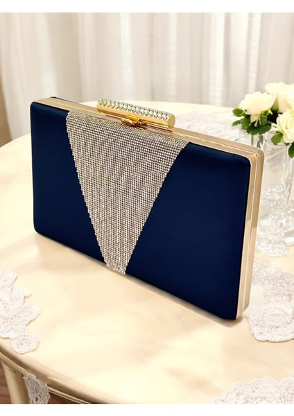 Lacivert Renk Saten Rosegold Renk Kristal Taşlı Kadın Abiye Çanta Düğün Mezuniyet Nişan