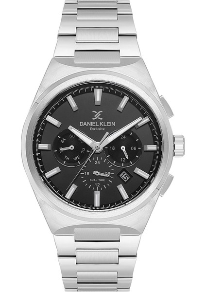 DKE.1.14069.2 Siyah Gümüş Çizgili Fonksiyonlu Düğün Nişan Hediye Çelik Kordonlu Takvimli Erkek Kol Saati