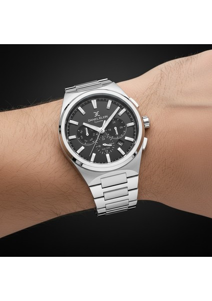 DKE.1.14069.2 Siyah Gümüş Çizgili Fonksiyonlu Düğün Nişan Hediye Çelik Kordonlu Takvimli Erkek Kol Saati modelleri