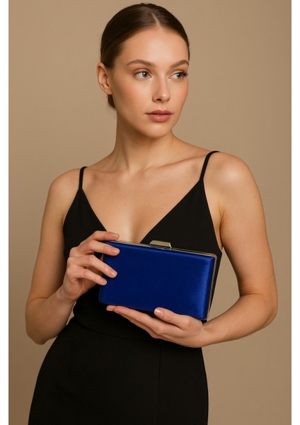 Lacivert Renk Simli Saten Kadın Abiye Çanta Düğün Nişan Mezuniyet