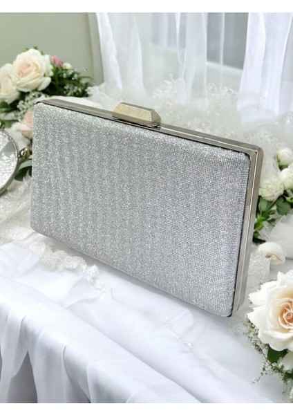Gümüş Gri Lame Renk Taş Sim Dökülmeyen Sim Kadın Abiye Çanta Düğün Nişan Mezuniyet