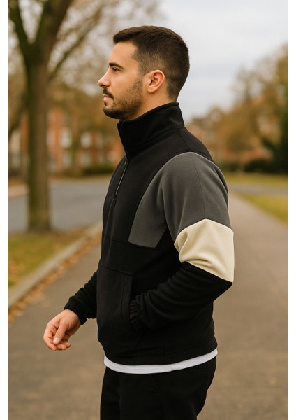 Erkek Yarım Fermuarlı Polar Sweatshirt Önden Cepli