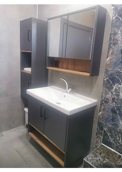 Legna 80 cm Antrasit-Ahşap Renkli, Seramik Lavabolu, Alt - Üst ve Boy Dolaplı Tamamı Mdf Banyo Dolabı Seti