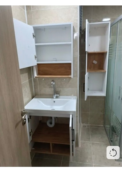 Legna 80 cm Beyaz-Ahşap Renkli, Seramik Lavabolu, Alt - Üst ve Boy Dolaplı Tamamı Mdf Banyo Dolabı Seti