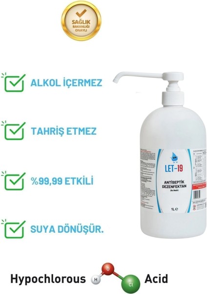 Let 19 1 Litre Alkolsüz Hipokloröz El-Yüz-Cilt Dezenfektanı 2 Adet (Pompa Kapaklı)