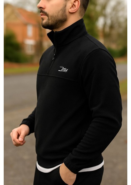 Erkek Nakışlı Polar Sweatshirt Dik Yaka Yarım Fermuar Beli Lastikli - Ekru indirimleri