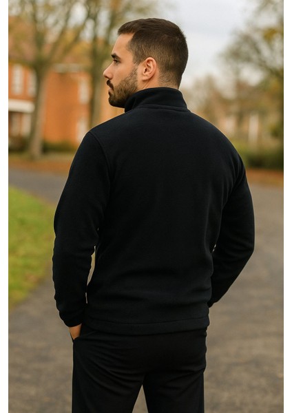 Erkek Nakışlı Polar Sweatshirt Dik Yaka Yarım Fermuar Beli Lastikli - Ekru