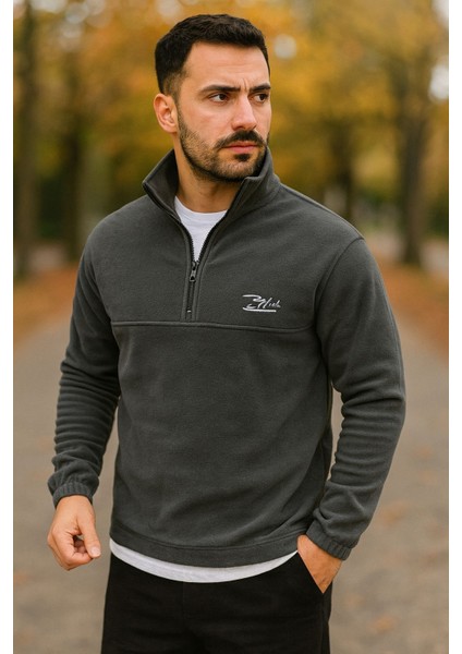 Erkek Nakışlı Polar Sweatshirt Dik Yaka Yarım Fermuar Beli Lastikli - Ekru fırsatları