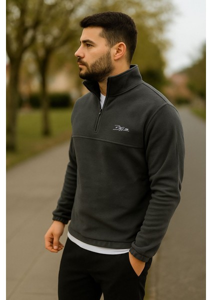 Erkek Nakışlı Polar Sweatshirt Dik Yaka Yarım Fermuar Beli Lastikli - Ekru indirimleri