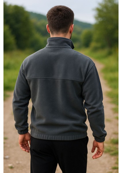 Erkek Nakışlı Polar Sweatshirt Dik Yaka Yarım Fermuar Beli Lastikli - Ekru