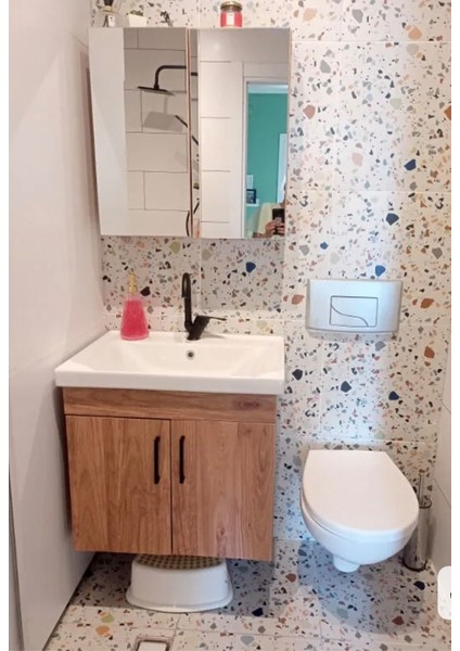 Liventa 65 cm Ahşap Renkli, Seramik Lavabolu, Mdf Banyo Dolabı Takımı