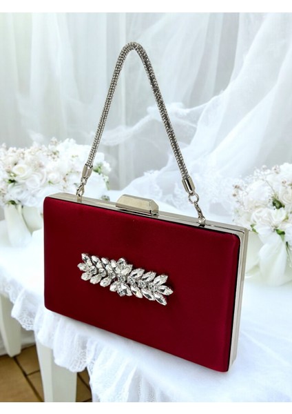 Bordo Kristal Taşlı Saten Taş Saplı Kadın Gece Çantası Abiye Çanta Düğün Nişan Mezuniyet