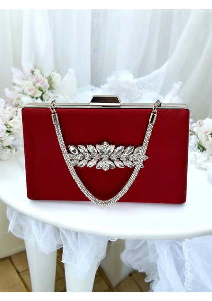 Bordo Kristal Taşlı Saten Taş Saplı Kadın Gece Çantası Abiye Çanta Düğün Nişan Mezuniyet