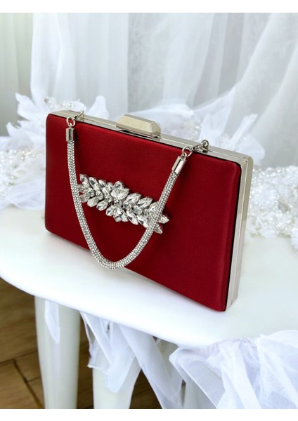 Bordo Kristal Taşlı Saten Taş Saplı Kadın Gece Çantası Abiye Çanta Düğün Nişan Mezuniyet