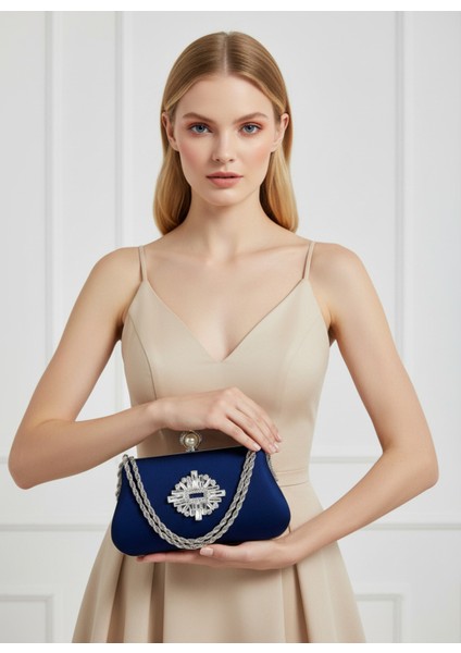Lacivert Renk Simli Saten Gümüş ve Inci Detaylı Zincir Askılı Kadın Abiye Çanta Düğün Nişan Balo