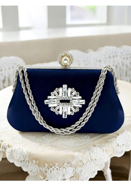 Lacivert Renk Simli Saten Gümüş ve Inci Detaylı Zincir Askılı Kadın Abiye Çanta Düğün Nişan Balo modelleri