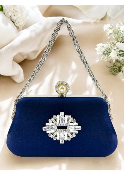 Lacivert Renk Simli Saten Gümüş ve Inci Detaylı Zincir Askılı Kadın Abiye Çanta Düğün Nişan Balo fırsatları