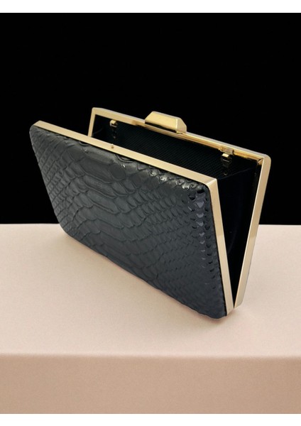 Siyah Renk Anakonda Desenli Mat Şık ve Lüks Kadın Abiye Çanta Düğün Nişan fırsatları