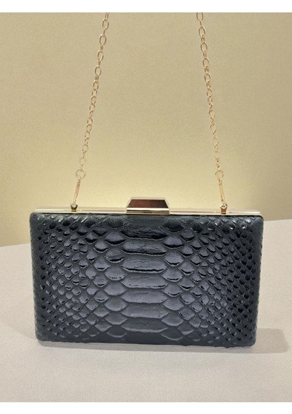 Siyah Renk Anakonda Desenli Mat Şık ve Lüks Kadın Abiye Çanta Düğün Nişan indirimleri