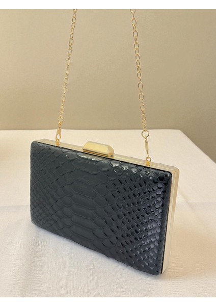 Siyah Renk Anakonda Desenli Mat Şık ve Lüks Kadın Abiye Çanta Düğün Nişan