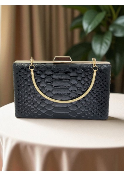 Siyah Renk Anakonda Desenli Mat Şık ve Lüks Kadın Abiye Çanta Düğün Nişan