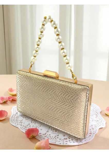 Altın Gold Dore Renk Lazer Yılan Desenli Kadın Abiye Çanta Gece Çantası Düğün Nişan Portföy