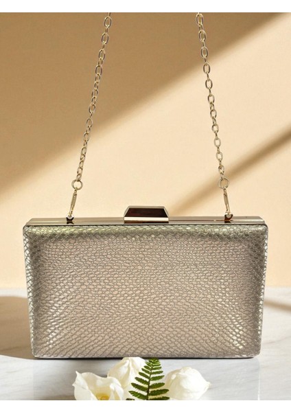 Altın Gold Dore Renk Lazer Yılan Desenli Kadın Abiye Çanta Gece Çantası Düğün Nişan Portföy