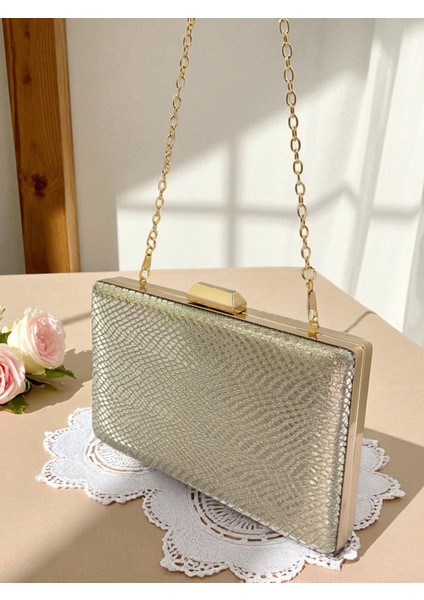 Altın Gold Dore Renk Lazer Yılan Desenli Kadın Abiye Çanta Gece Çantası Düğün Nişan Portföy