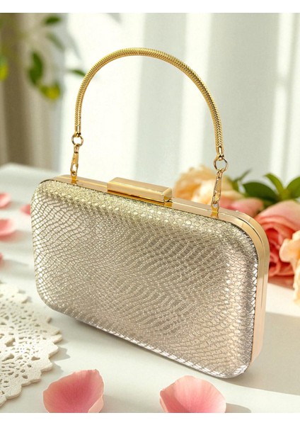 Altın Gold Dore Renk Lazer Yılan Desenli Abiye Çanta Gece Nikah Düğün Nişan Mezuniyet Portföy