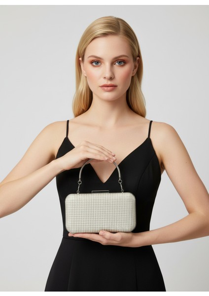 Ekru Renk Simli Tel Kırma Kadın Abiye Çanta Düğün Nişan Mezuniyet