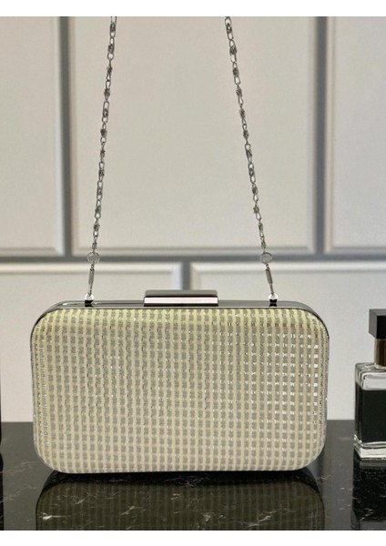 Ekru Renk Simli Tel Kırma Kadın Abiye Çanta Düğün Nişan Mezuniyet