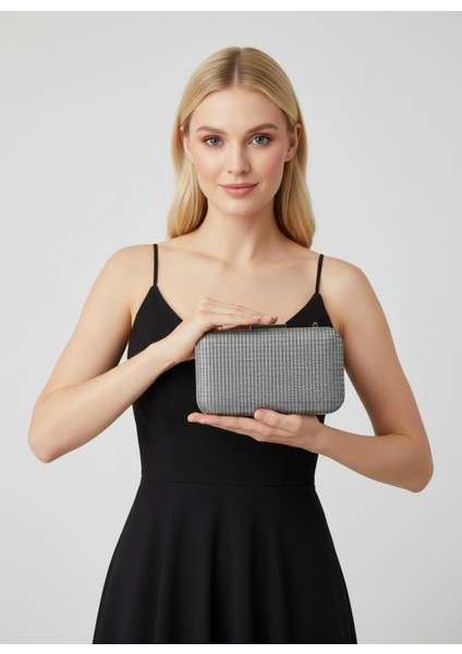 Antrasit Gri Platin Renk Simli Tel Kırma Kadın Abiye Çanta Düğün Nişan Mezuniyet